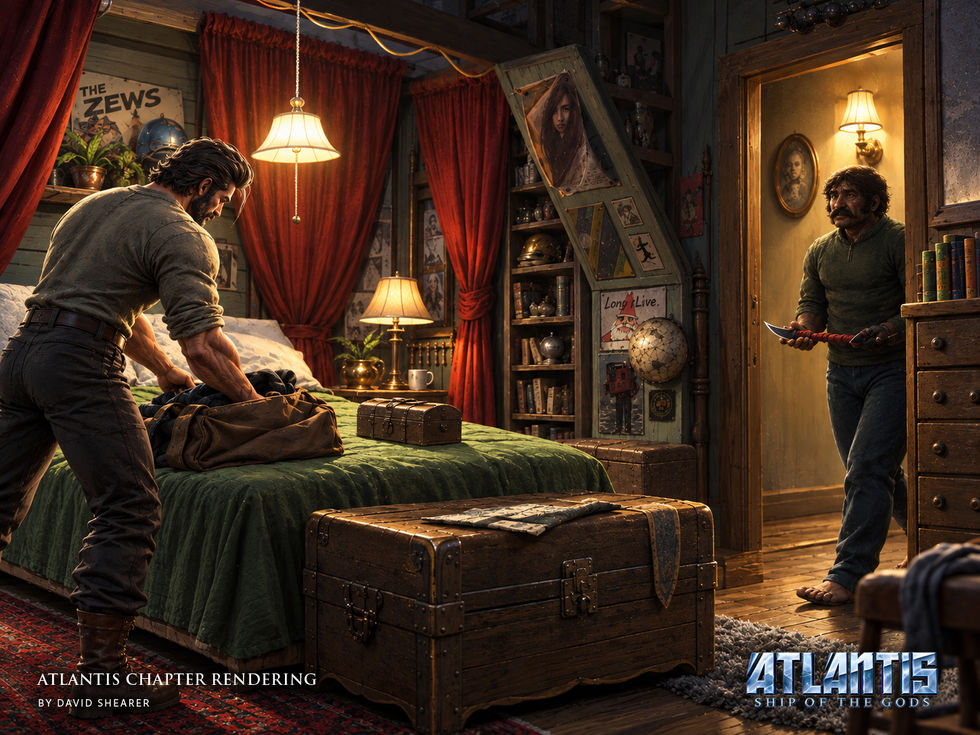 A man packs a bag in a bedroom while another figure stands in the doorway holding a blade.