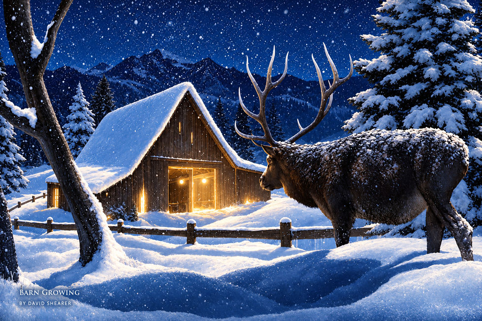 A large elk stands in falling snow near a warmly lit barn in a mountain forest.