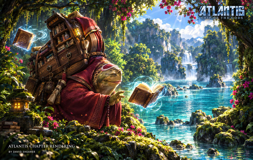 A robed, turtle-like traveler carries a large pack while glowing books float beside a tropical lagoon.