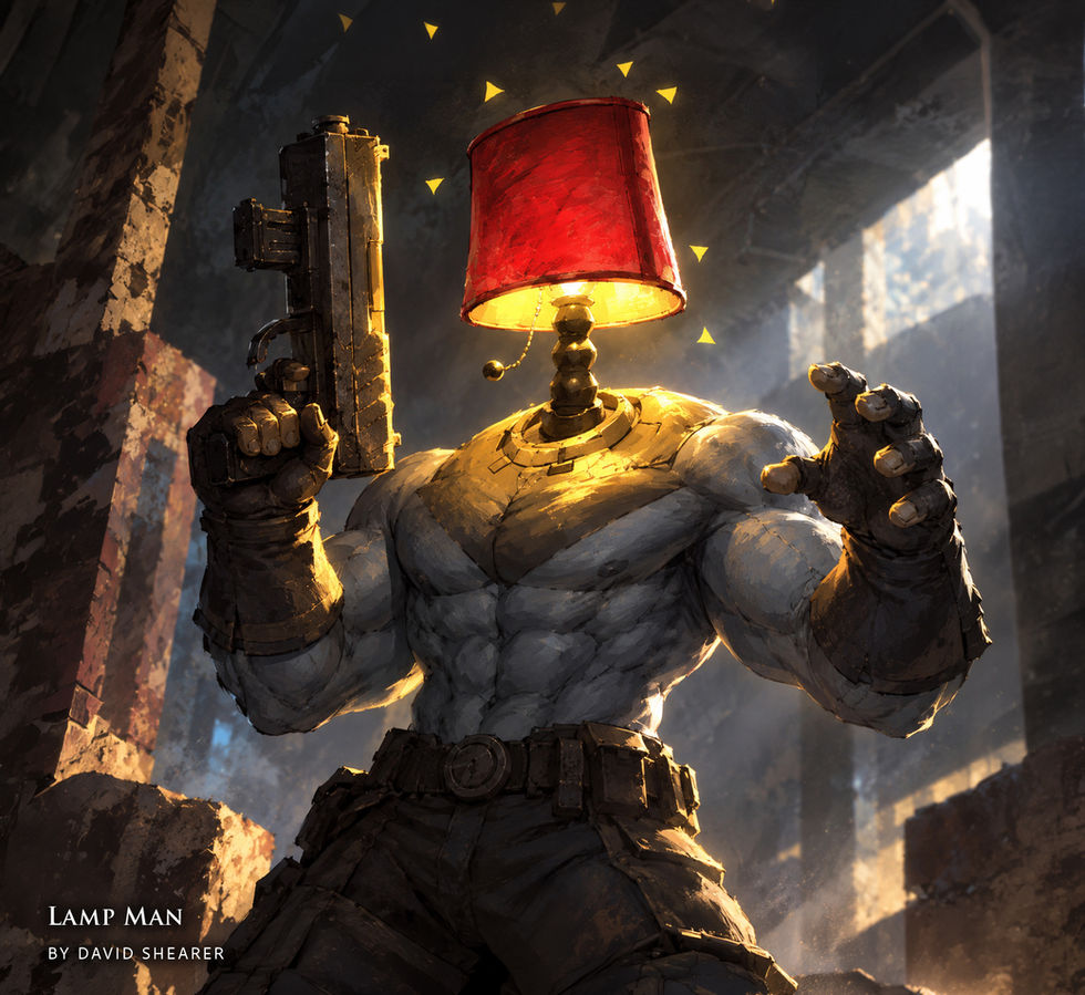A muscular figure with a glowing red lampshade for a head holds a gun inside a ruined building.