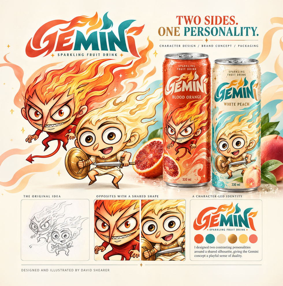 Gemini sparkling fruit drink concept with Blood Orange and White Peach cans featuring two contrasting flame-haired characters.