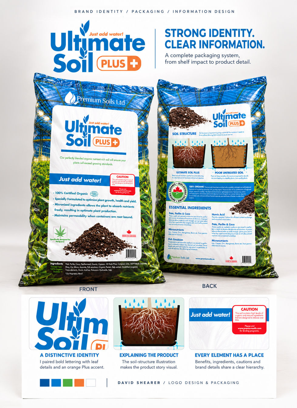 Front and back of an Ultimate Soil Plus bag, showing the blue-and-orange branding and a diagram of plant roots in soil.