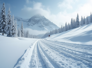 Eye-level view of a snowy mountainside showcasing ski tracks
