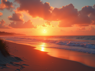 High angle view of a vibrant sunset over a peaceful beach