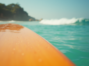Close-up view of a surfboard in vibrant colors