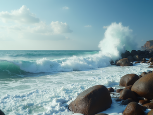 Wide angle view of a turbulent ocean wave crashing against rocks