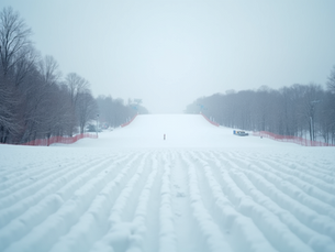 Eye-level view of a snowy Olympic ski jump ramp
