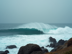 High angle view of powerful Mavericks wave crashing against the rocky shoreline
