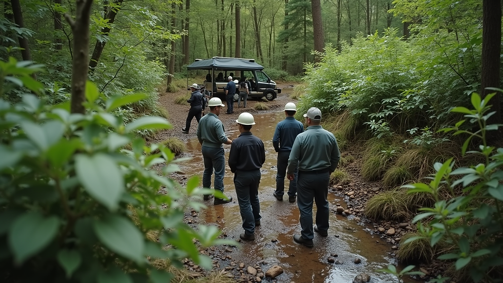 High angle view of a multi-disciplinary team conducting a field investigation in a natural habitat