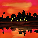 Revibify Logo, a red and orange background with a digitally painted image of Angkor Wat in black, reflecting into the water