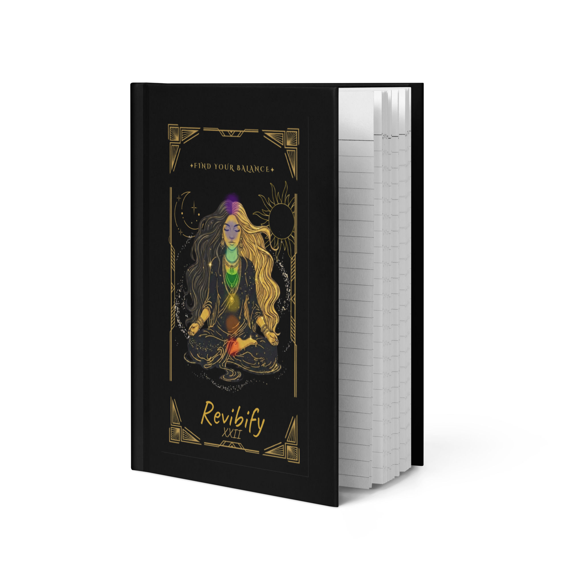 Revibify Tarot Journal Black with Woman with duo toned hair and the words "Find Your Balance"
