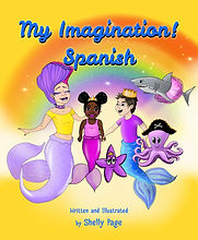 My Imagination- Spanish front book cover with mermaids and mermen and a rainbow