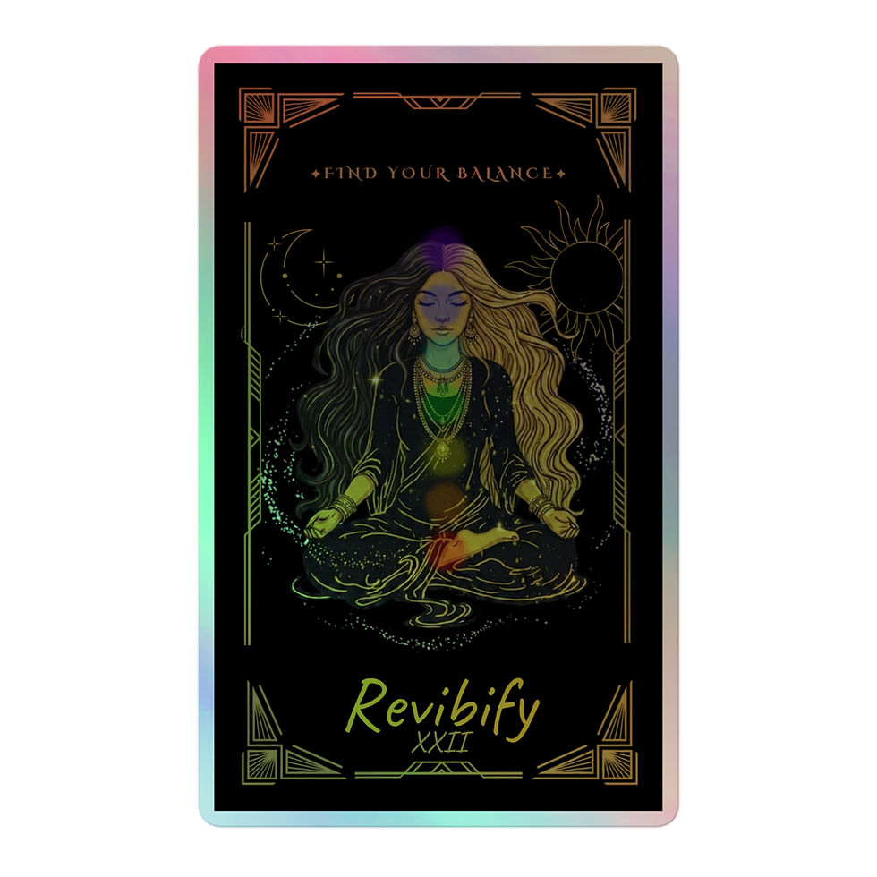 5"Holigraphic black and gold tarot style sticker with a duo tone haired woman and her chakras and the word Revibify