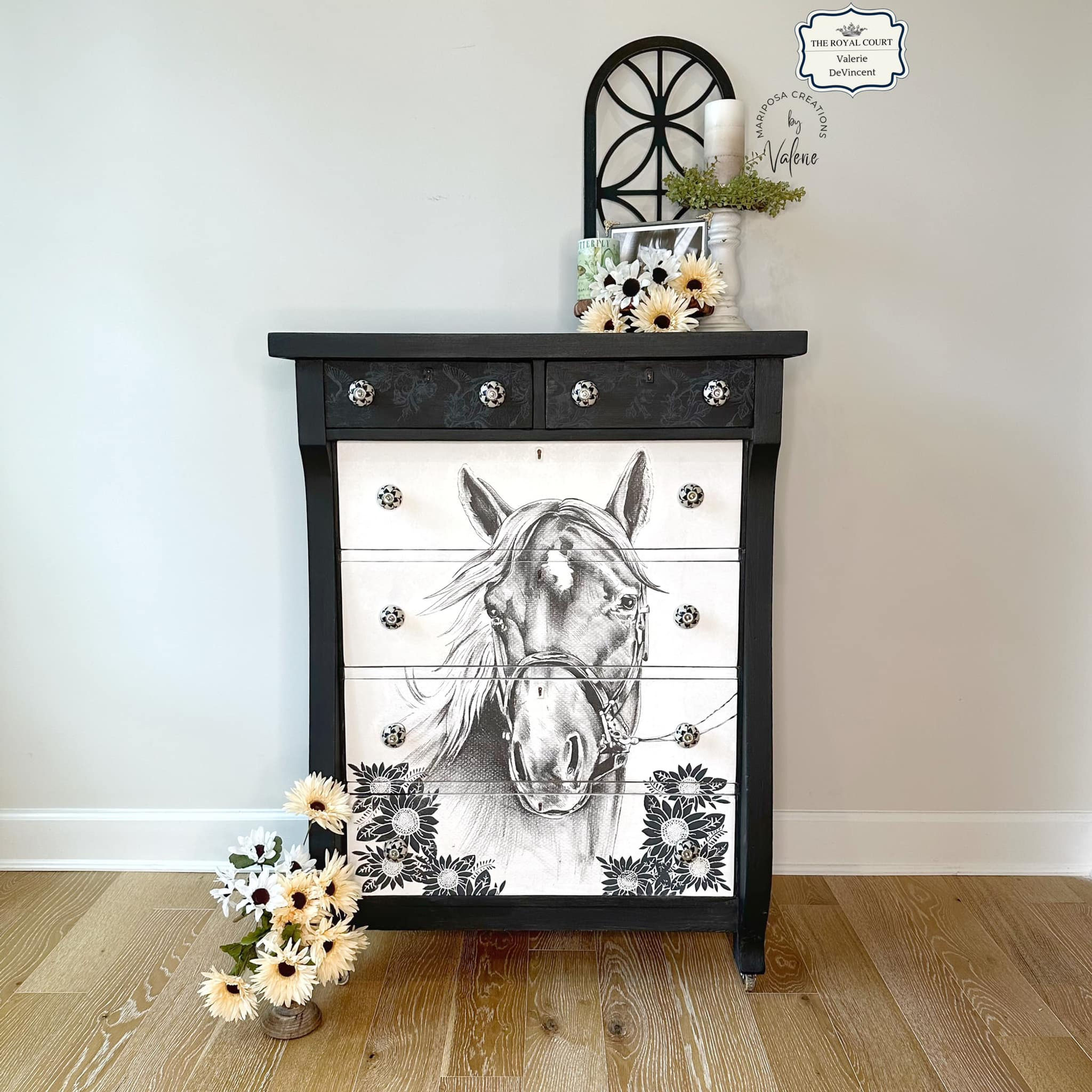 Black and White Horse with Sunflowers