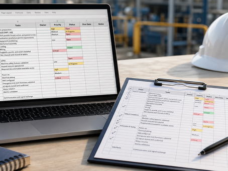 Site checklist used to track industrial project activities, responsibilities, progress and open actions during site execution.