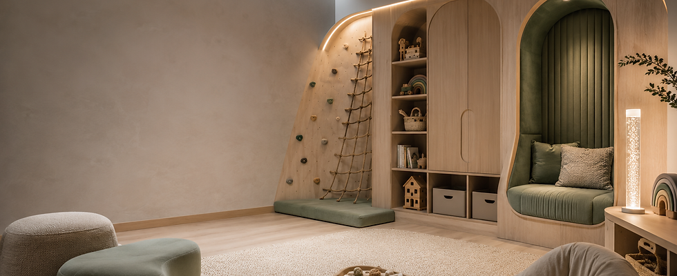 Calming sensory room design for children featuring a climbing wall, built-in shelving, cozy reading nook, and soft lighting,