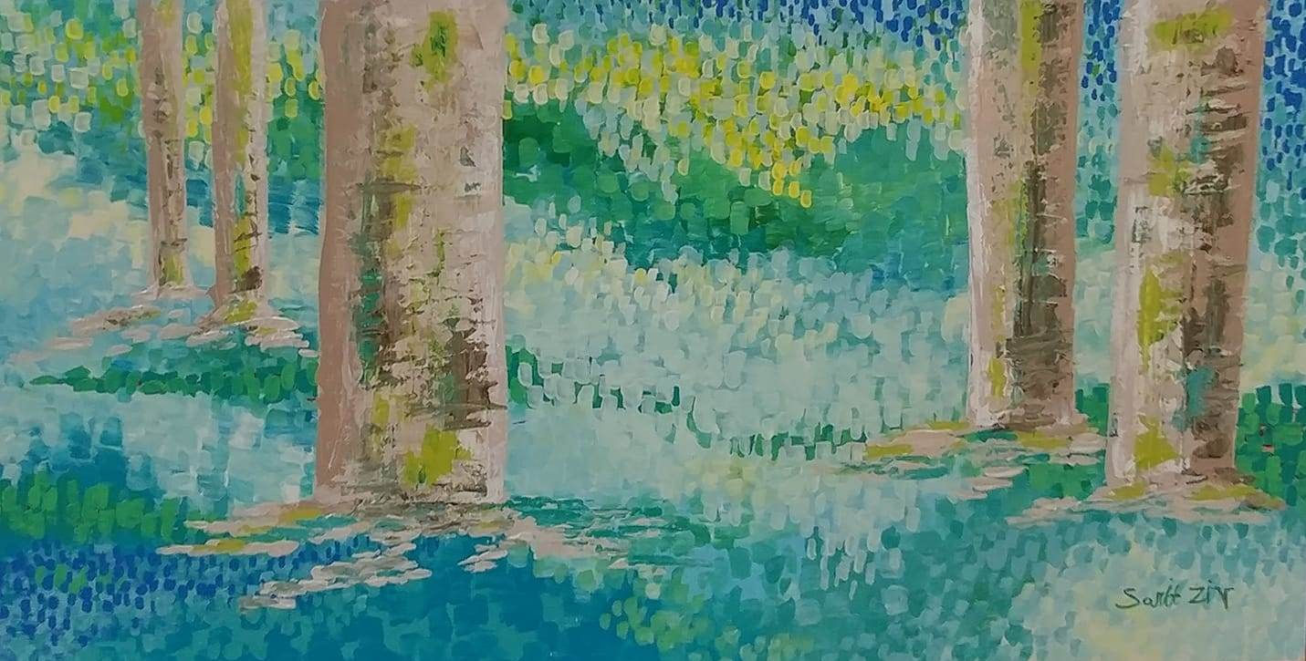 יער- ציור נוף של גזעים ביער על רקע אבסטרקטי של תכלת, טורקיז, ירוק וצהוב. שרית זיו ציורים לבית