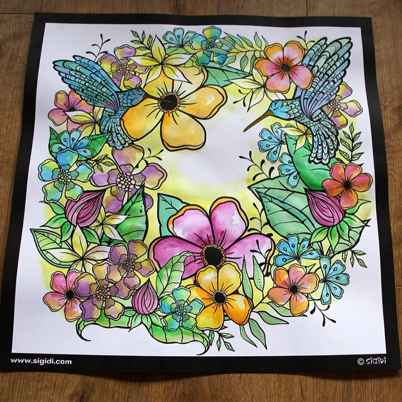 תמונה ממוזערת: ציור פרחים צבעוני עם שני קוליברי פרפרי חופש יצירה לחטופים- יצירה להדפסה רקע לבן.