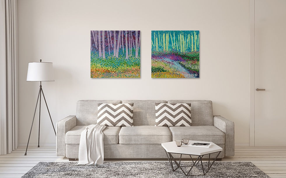 תמונה ממוזערת: פריחה ויער- חורשה ירקרקה ושדות צבעוניים בגווני צהוב, סגול , ירוק ותכלת. תלוי בחדר סלון בהיר עם ציור נוסף של שרית זיו ציירת