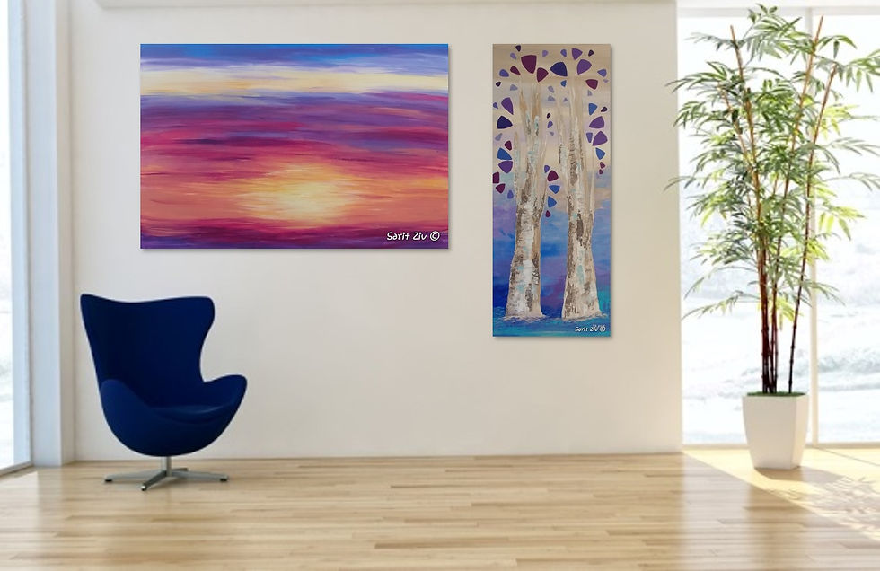 תמונה ממוזערת: שקיעה בסגולים - ציור שקיעה צבעוני לבית. בגווני סגול, אפרסק, כחול, צהוב וורוד תלוי במבואה עם ציור נוסף של שרית זיו .