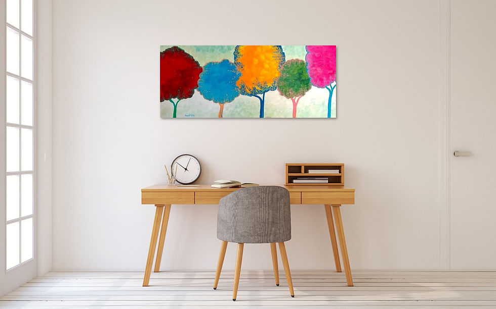 תמונה ממוזערת: חמישיית פיקוסים עליזה- שורת עצים באדום, כחול, צהוב, ירוק וורוד. רקע ירקרק. תלוי בעבודה