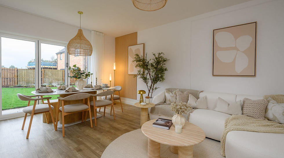 Modern living and dining room with a beige couch, wooden table, and chairs. Large windows show a green backyard. Soft, neutral tones throughout.