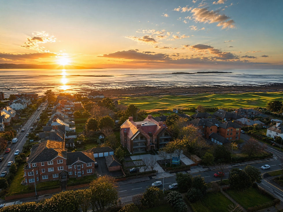 Aerial view of a coastal suburb at sunset, with houses, green fields, and a shimmering ocean. The sky is vibrant with orange and yellow hues.