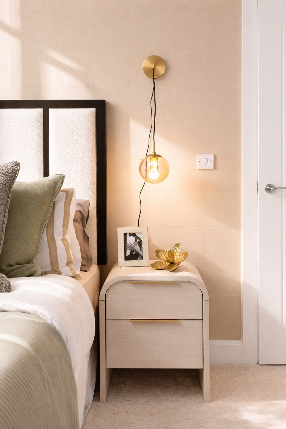 Cozy bedroom scene with a beige nightstand, framed photo, and gold flower decor. Soft lighting from a bulb; pillows on a bed frame.