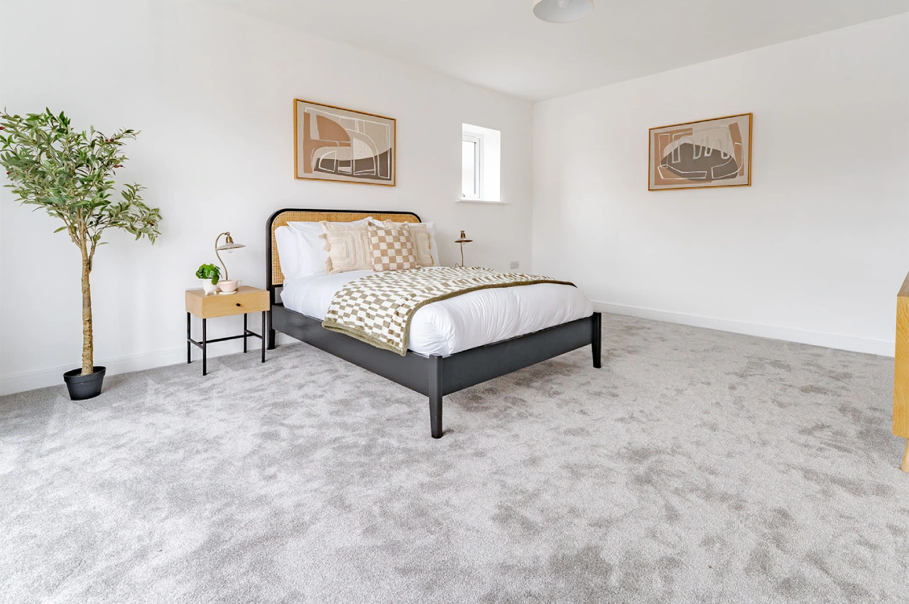 Minimalist bedroom with a gray carpet, featuring a black-framed bed with geometric bedding. A potted plant and abstract art add warmth and style.