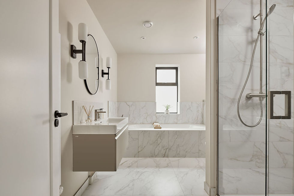 Modern bathroom with marble tiles, glass shower, floating vanity, and large mirror. Neutral tones, a window, and a calming minimalist vibe.