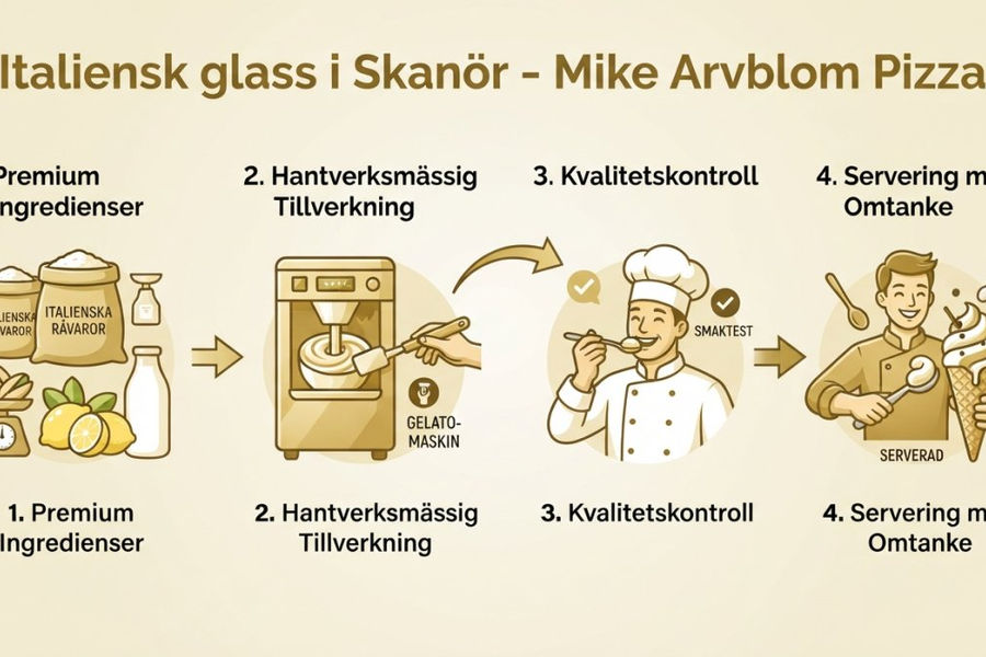 Illustration showing the gelato-making process at Mike Arvblom Pizza: selecting premium Italian ingredients, handcrafting the gelato, quality control tasting, and serving the finished product with care