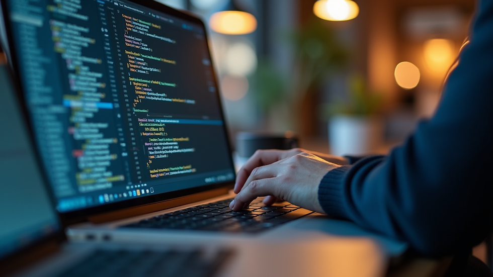 Close-up view of a developer coding AI software on a laptop