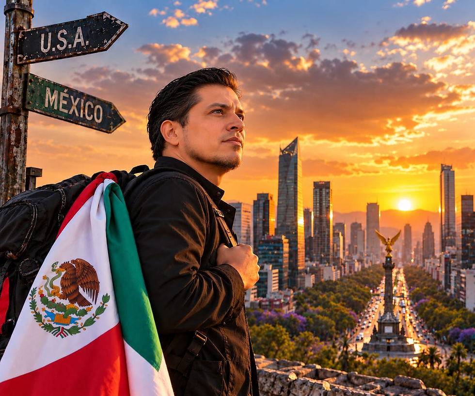 Israel Concha con la bandera mexicana frente al horizonte de Paseo de la Reforma en Ciudad de México al atardecer, con señales hacia Estados Unidos y México