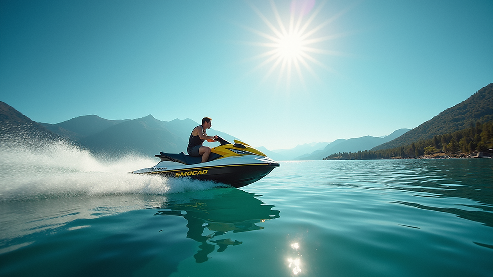 Eye-level view of a jet ski traversing a sparkling blue lake