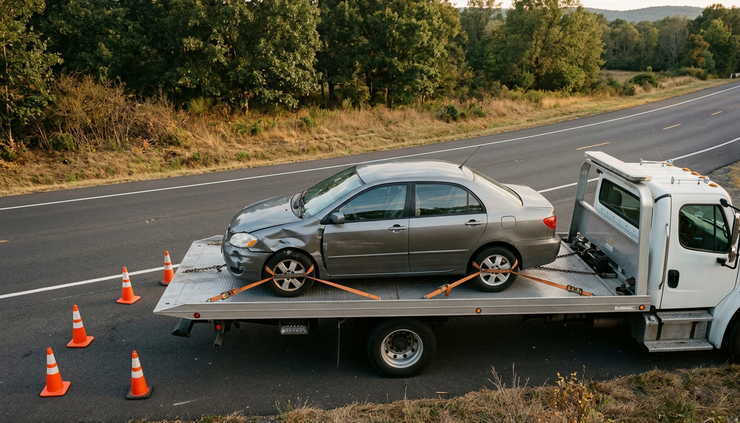Overhead view of a damaged vehicle secured on a flatbed tow truck after recovery.