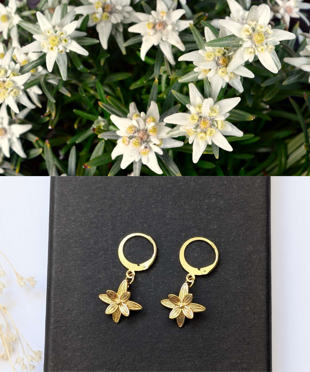 ADELE - Boucles d'oreilles avec pendentifs fleurs Edelweiss - Doré or fin 24k