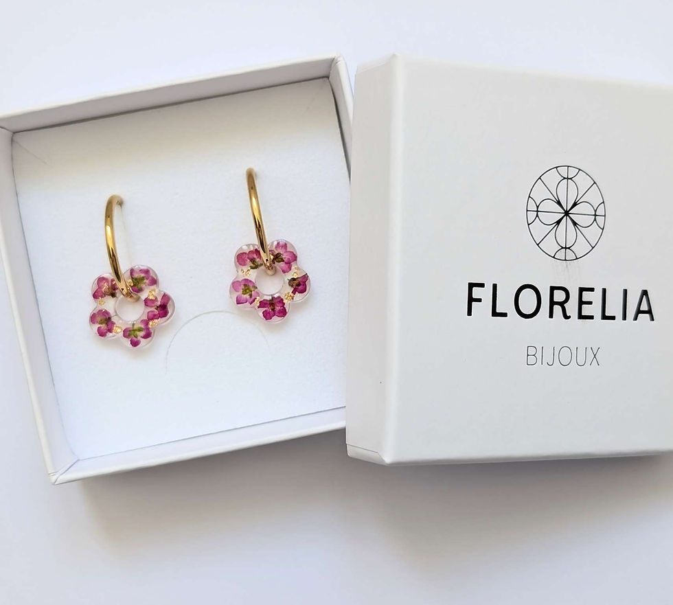 Miniature : ALYSSE - Créoles avec pampilles interchangeables fleurs roses et feuille d'or 