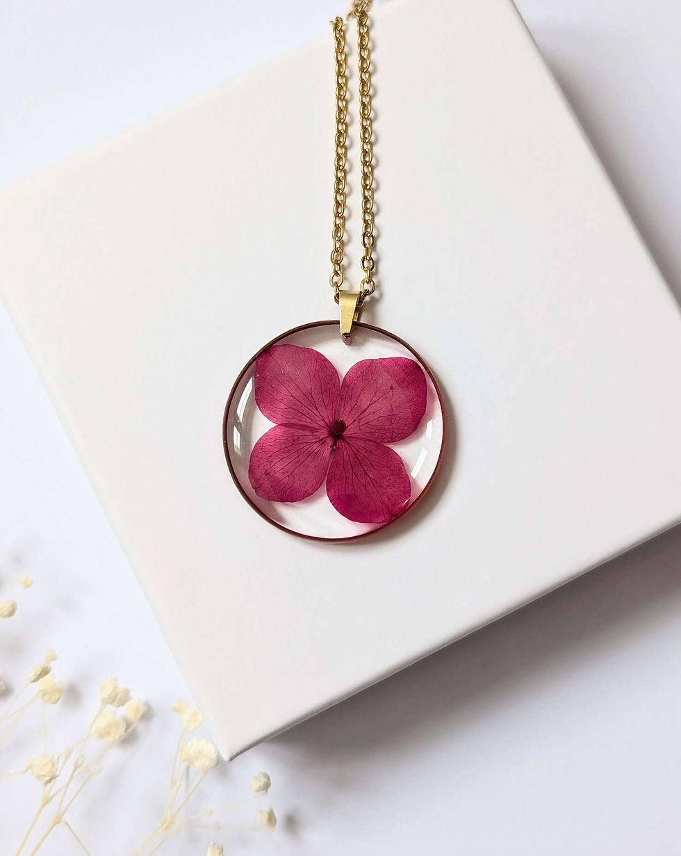 Miniature : ÉSMÉE - Collier ou sautoir avec une fleur naturelle d'hydrangea rose