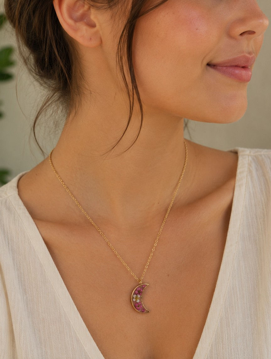 Miniature : ALYSSE - Collier lune avec des fleurs naturelles d'alysses