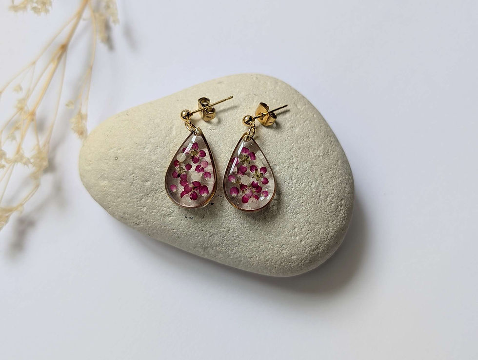 Miniature : ALYSSE - Boucles d'oreilles gouttes avec des fleurs d'alysses roses et blanches