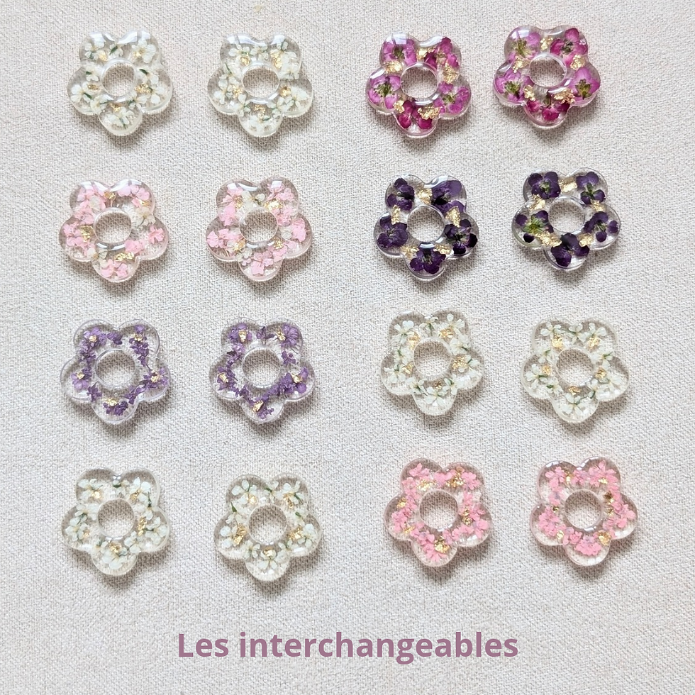 Miniature : ALYSSE - Créoles avec pampilles interchangeables fleurs roses et feuille d'or 