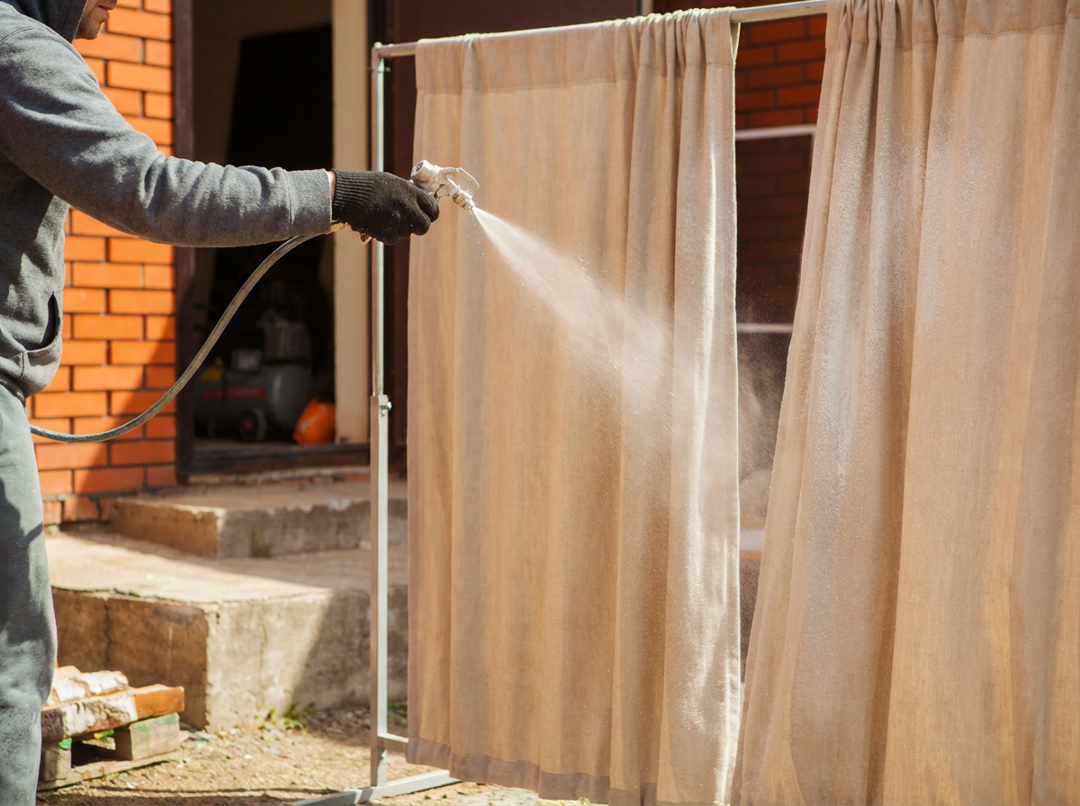 Firefly_Gemini Flash_Create an image of an applicator spraying curtains with fire retardan