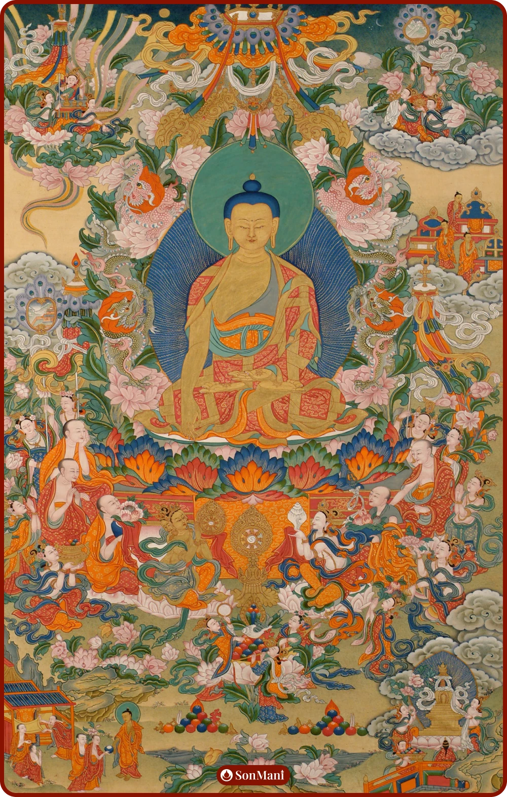 Thangka painting of Buddha achieving enlightenment under the Bodhi Tree after deep meditation.