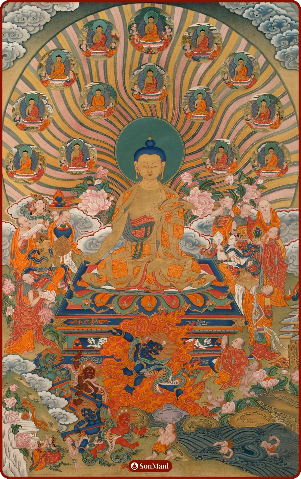Thangka painting of Buddha demonstrating miracles to inspire faith and devotion.