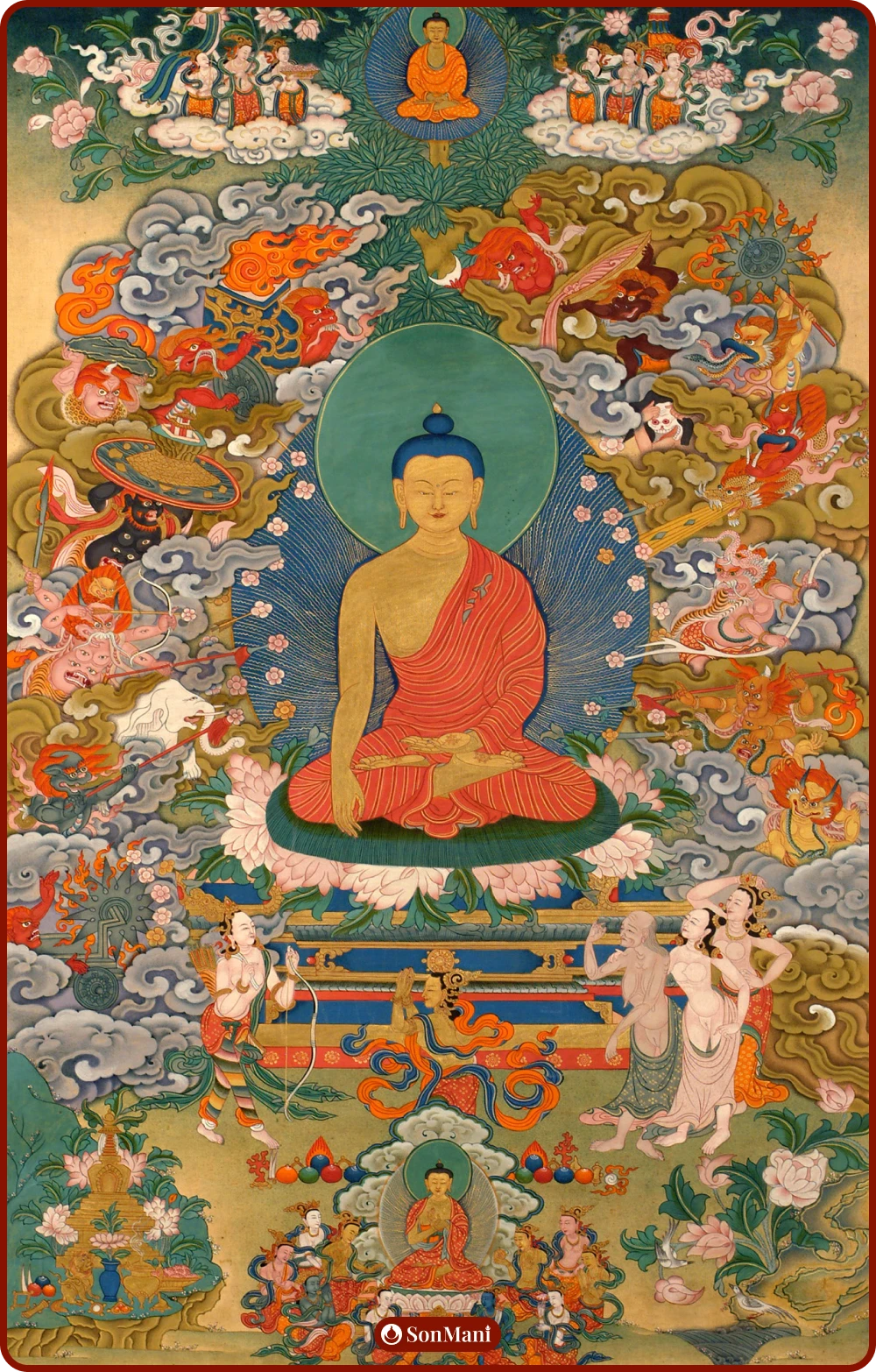 Thangka painting of Buddha’s victory over Mara, symbolizing triumph over inner obstacles.
