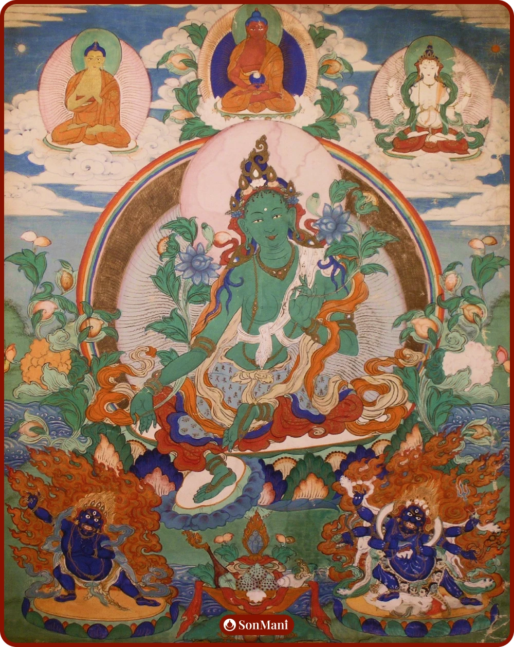 Green Tara thangka painting on canvas, from Mongol
