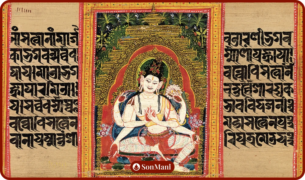  Avalokiteshvara is shown with six arms and sitting with one leg pendant in the posture of a god, referring to his accessible presence in a celestial sphere.