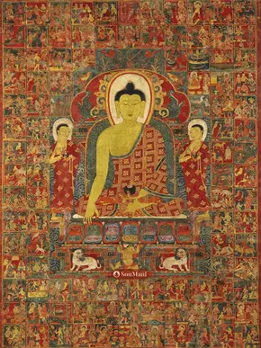 Shakyamuni Buddha surrounded by the One Hundred Jataka Tales.