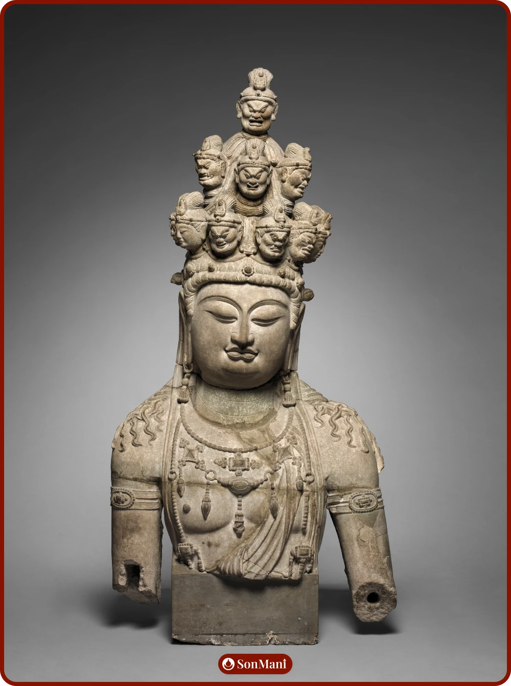 Gray sandstone statue of Eleven-Headed Guanyin (Ekadasamukha Avalokiteshvara), from China.