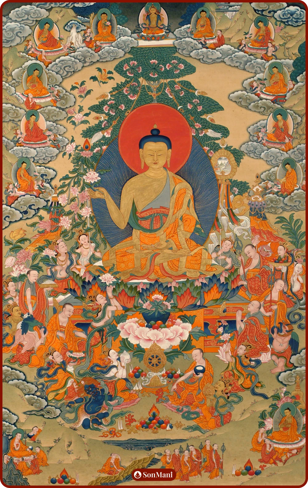 Thangka painting of Buddha turning the Wheel of Dharma.